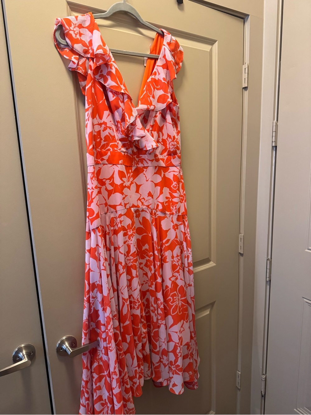 Eliza J Coral and White Floral Ruffle Midi Dress